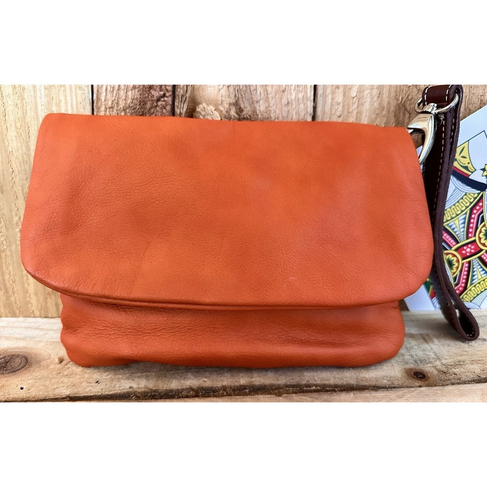 Orange Leather Clutch Wristlet Soft Travel
